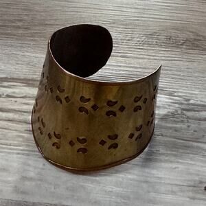 Vintage India Brass Copper Wide Cuff Bracelet Cutout Boho Statement Jewelry 70s